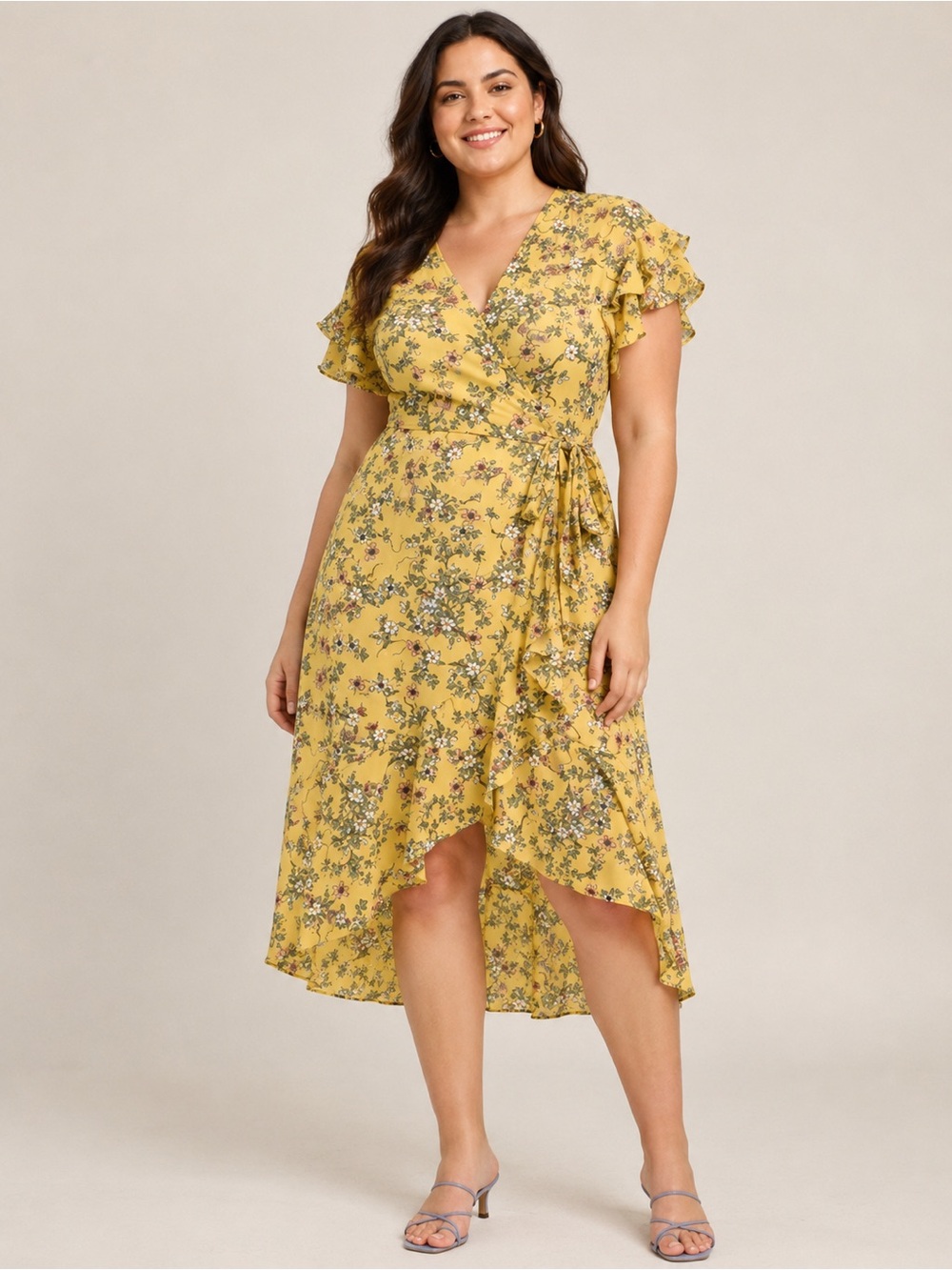 Max Studio Floral Wrap Midi Dress Yellow Size XL